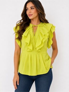 Sunshine & Sky XL Lime Green Ruffle Peplum Blouse Flutter Sleeve Top